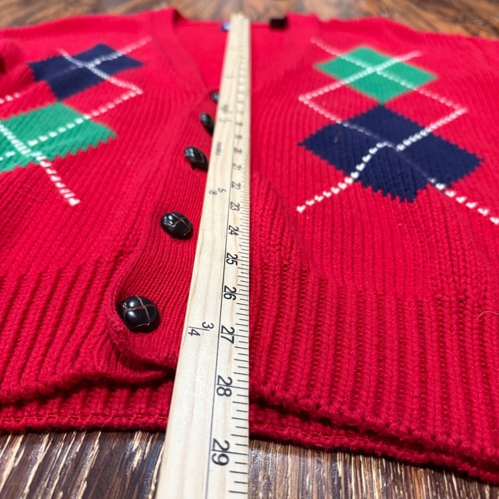 Vintage GAP Men Red Argyle Cotton Cardigan Sweater Medium V-Neck 90s Preppy FLAW - Picture 4 of 6